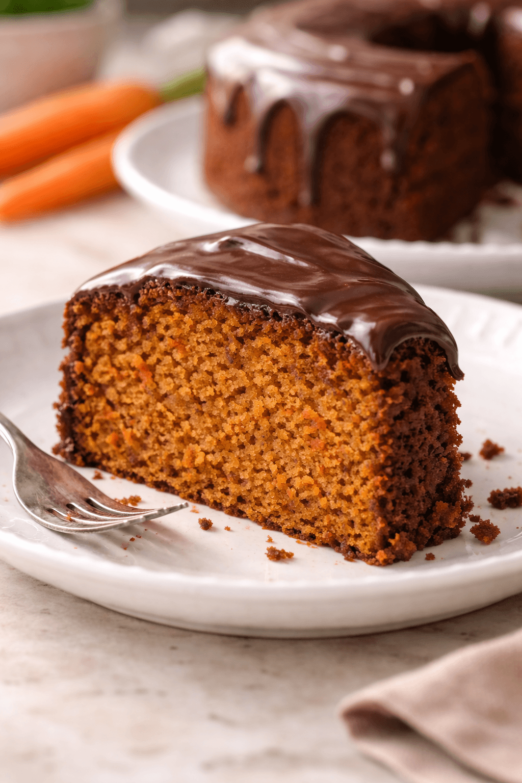 Porción de pastel de chocolate mostrando la textura suave del pastel.