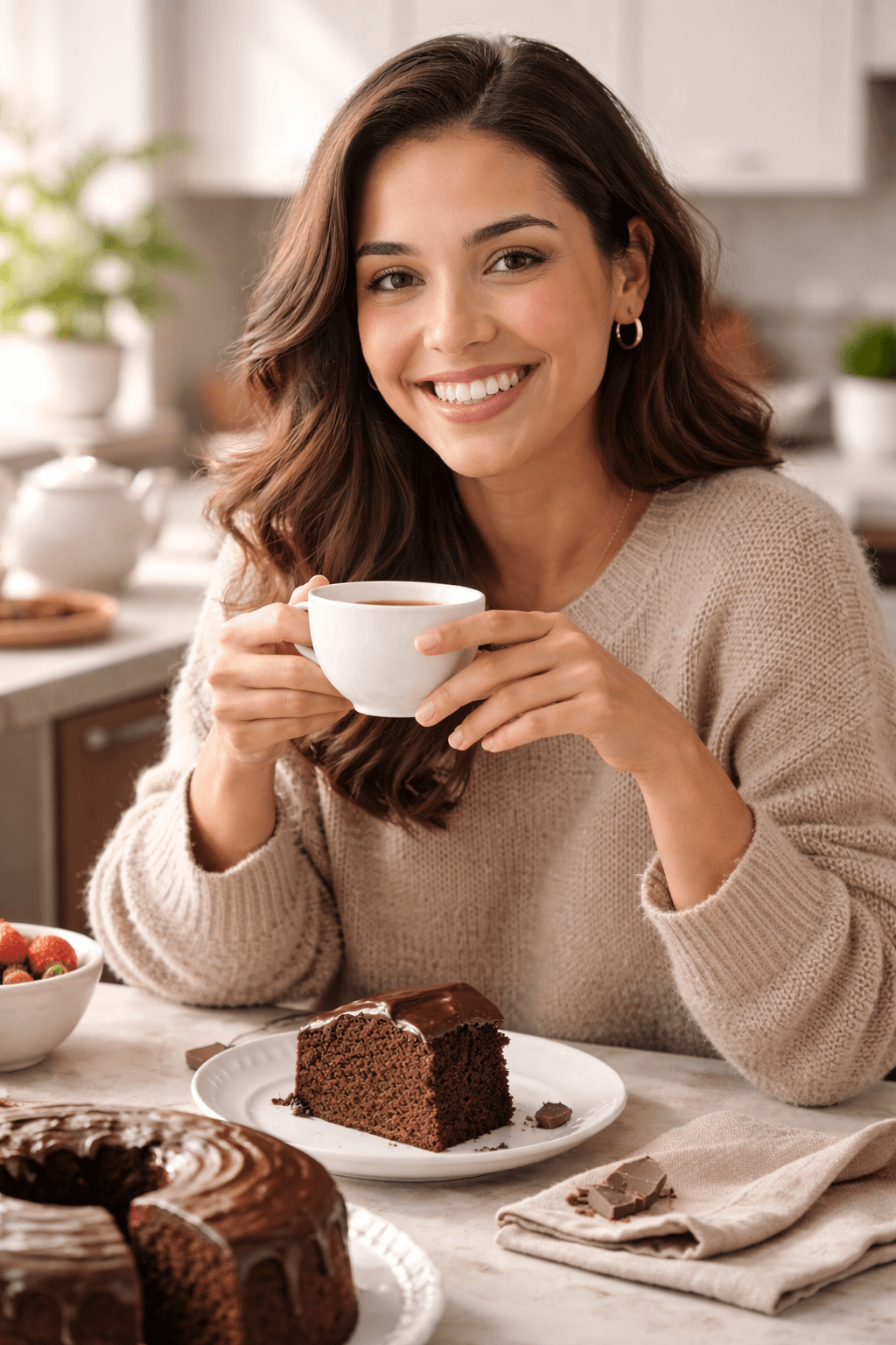 Cliente satisfecha sosteniendo un pastel de D’Lourdes.
