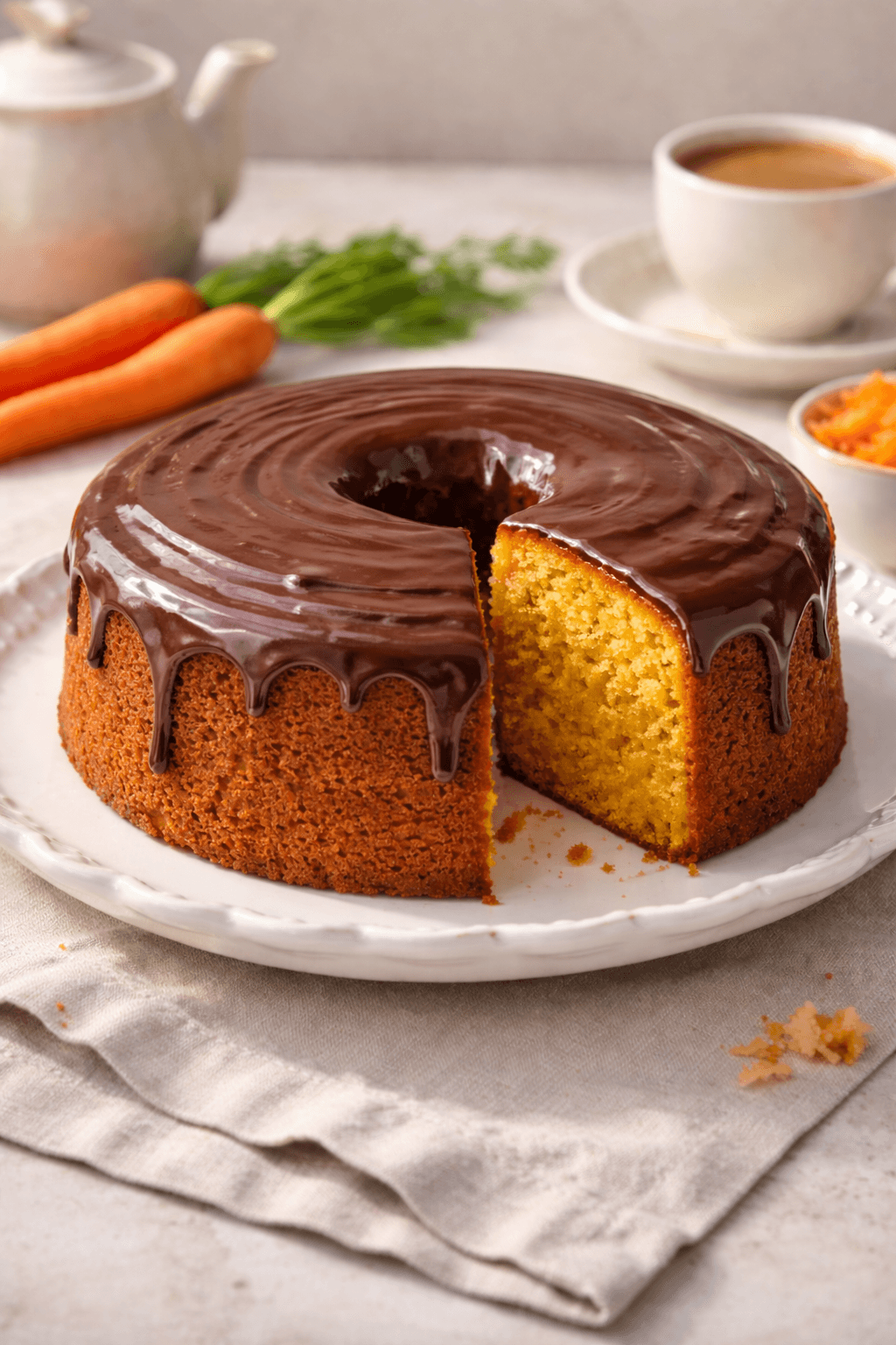 Pastel casero de zanahoria con cobertura de chocolate.